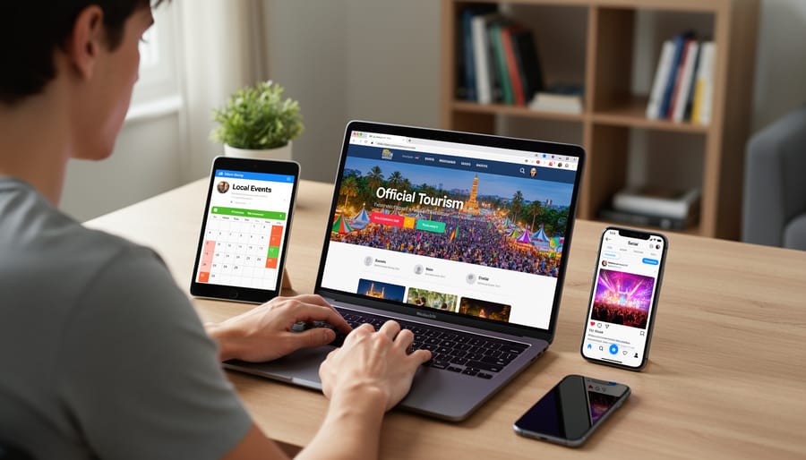 Group of people using smartphones to search for local weekend festival events