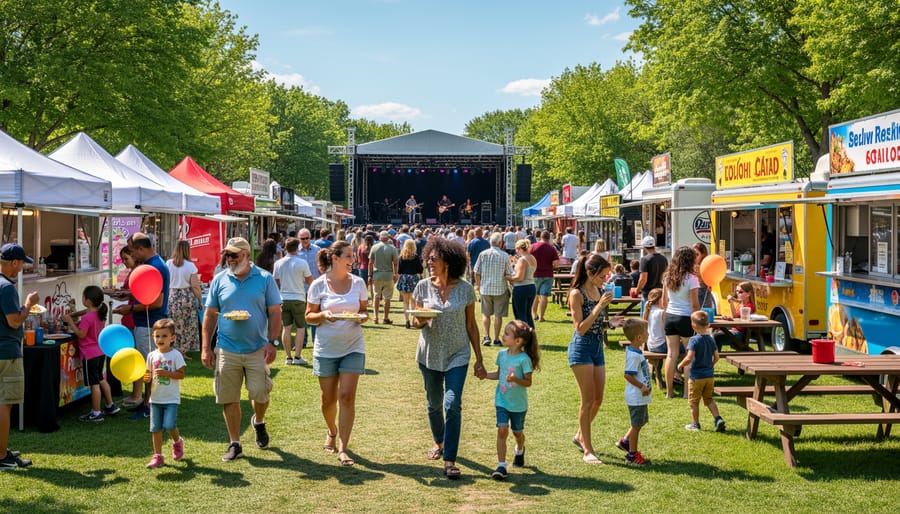 Family enjoying food and atmosphere at outdoor Ontario festival during evening