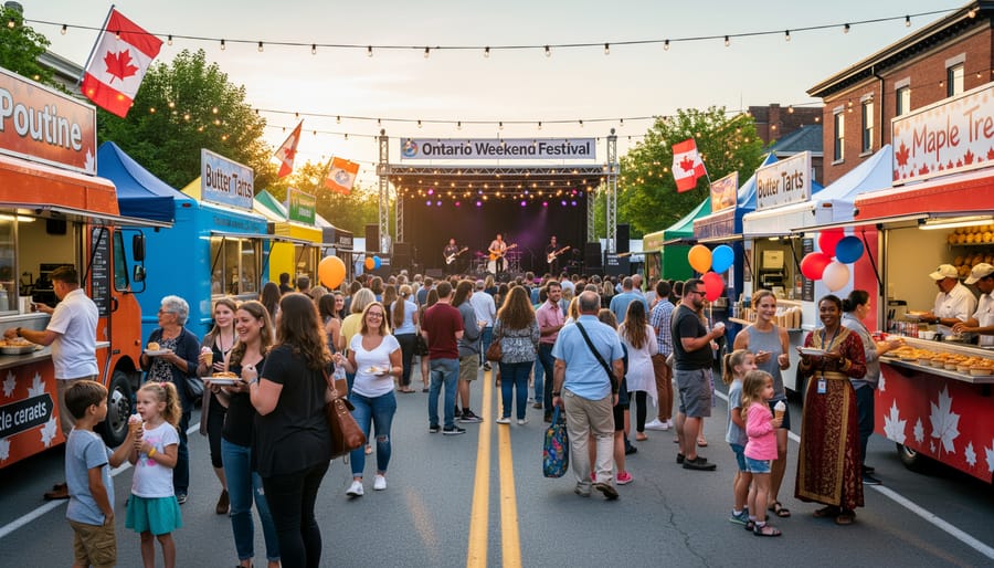 Aerial view of busy outdoor festival with colorful tents and crowds in Ontario park