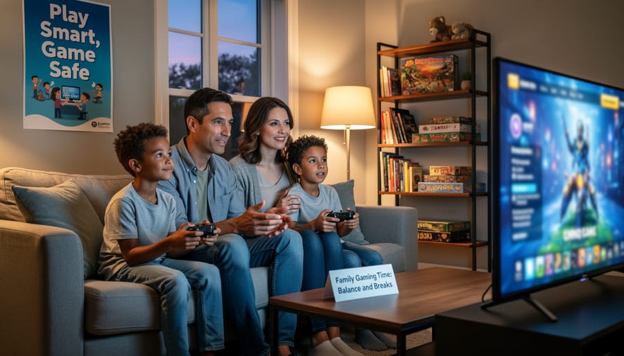 Home kitchen table at dusk with phones and glasses, suggesting family-centered responsible gaming awareness.