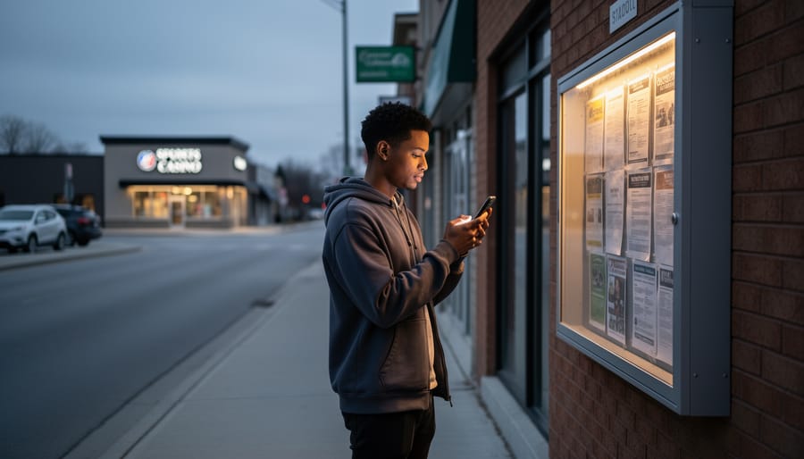 Person holding a smartphone on an Ontario sidewalk near a community notice board, with a distant casino storefront and warm dusk lighting symbolizing responsible gambling support.